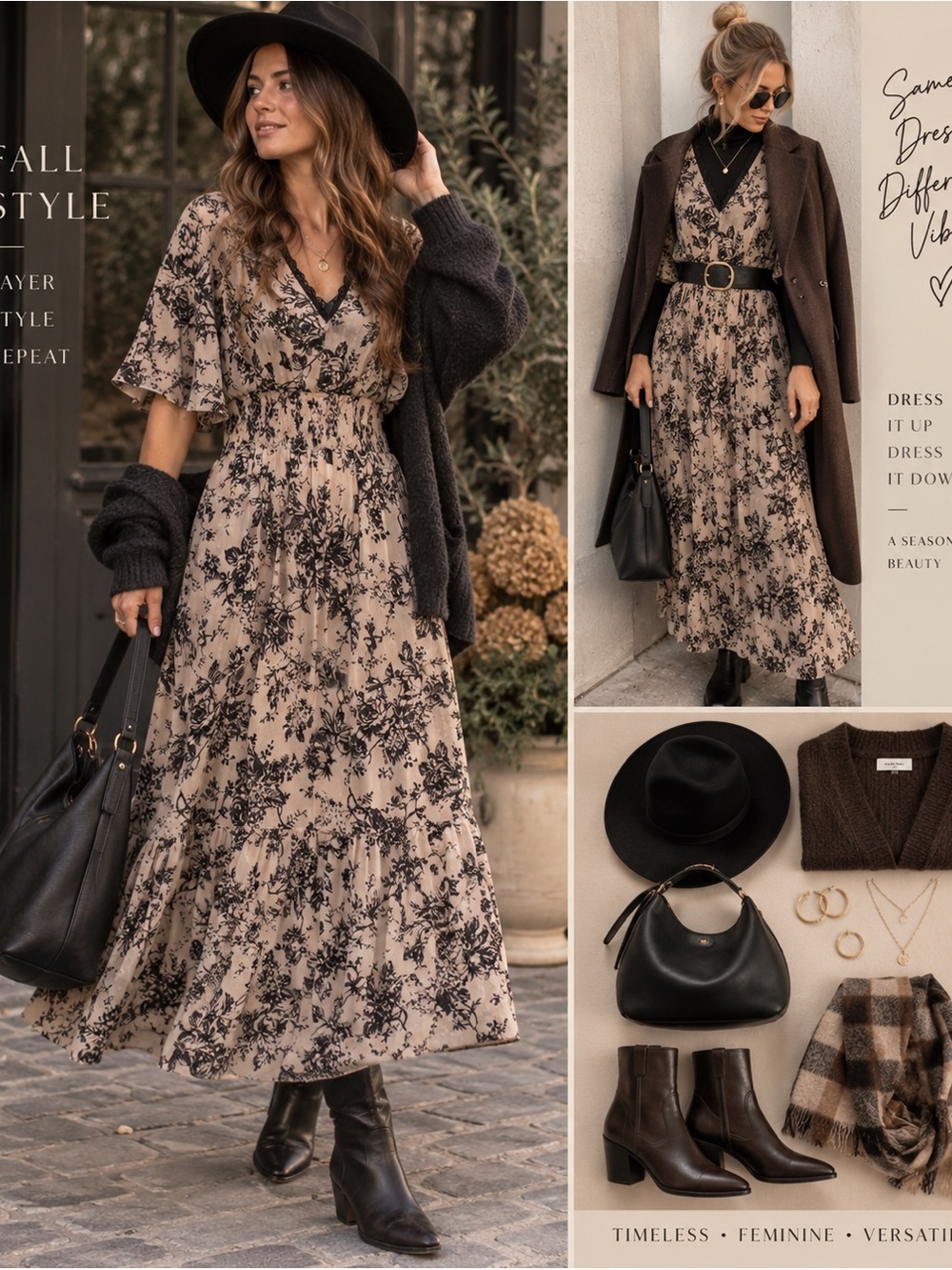 FALL Floral Midi Dress Boho Cottagecore - Size 10P - Petite